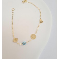 Βραχιόλι Σε Κίτρινο Χρυσό 14Κ Με Κοχύλι, Γαλάζιο Ματάκι, Φατσούλα και Καράβι (BR107)